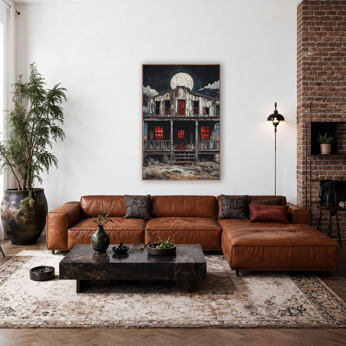 Moonlit Ghost Town Saloon Western wall art in a rustic western-style room – weathered wooden saloon with glowing red