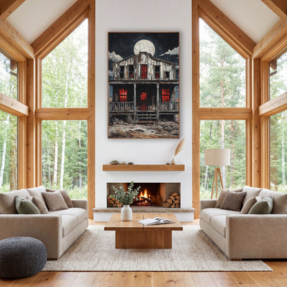 Moonlit Ghost Town Saloon Western wall art in a rustic western-style room – weathered wooden saloon with glowing red