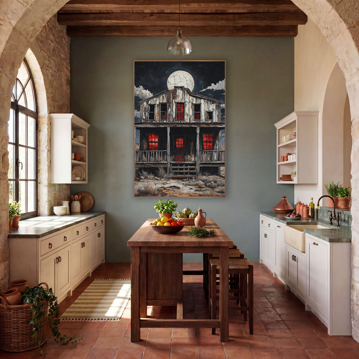 Moonlit Ghost Town Saloon Western wall art in a rustic western-style room – weathered wooden saloon with glowing red