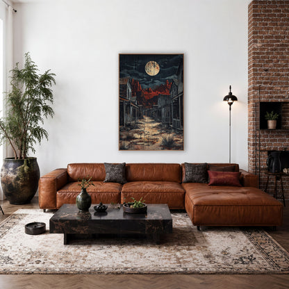 Moonlit Ghost Town Western wall art in a rustic western-style room – full moon over an empty western street