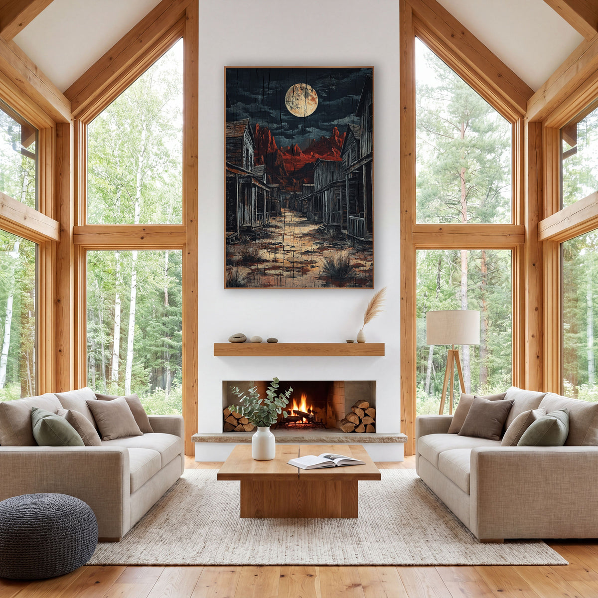 Moonlit Ghost Town Western wall art in a rustic western-style room – full moon over an empty western street