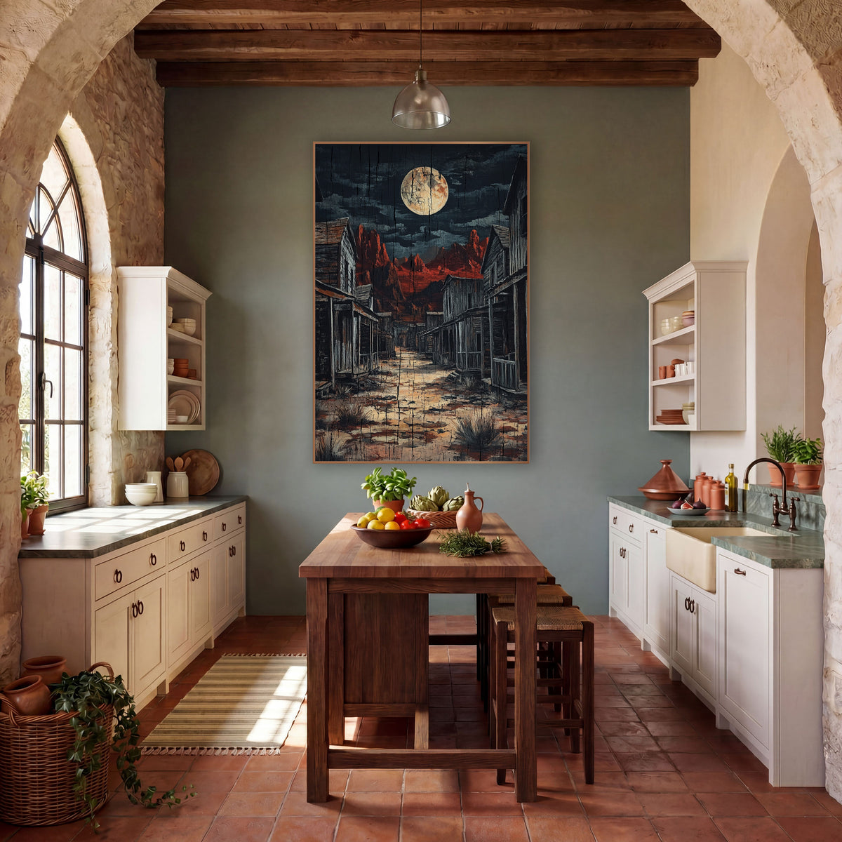 Moonlit Ghost Town Western wall art in a rustic western-style room – full moon over an empty western street