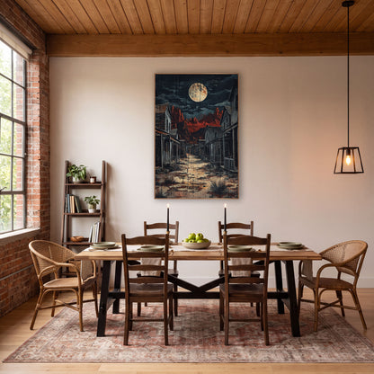 Moonlit Ghost Town Western wall art in a rustic western-style room – full moon over an empty western street