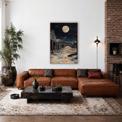 Cream Moon Red Roof Rustic Painting wall art in a rustic western-style room – empty western town street at night