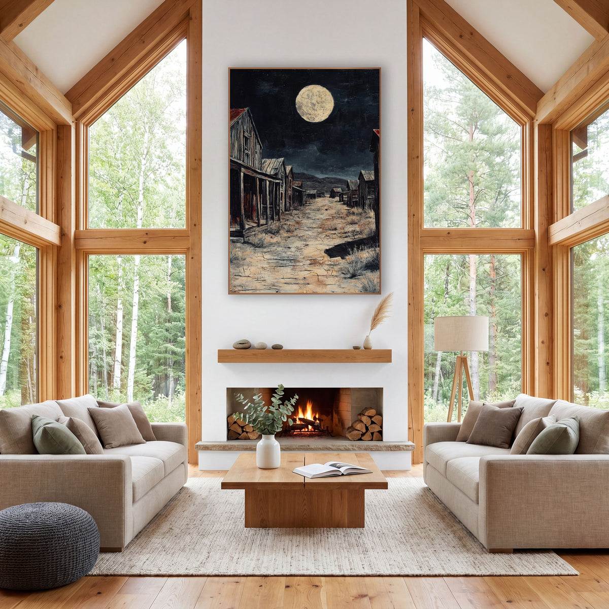 Cream Moon Red Roof Rustic Painting wall art in a rustic western-style room – empty western town street at night