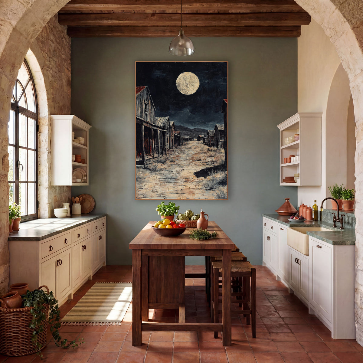 Cream Moon Red Roof Rustic Painting wall art in a rustic western-style room – empty western town street at night