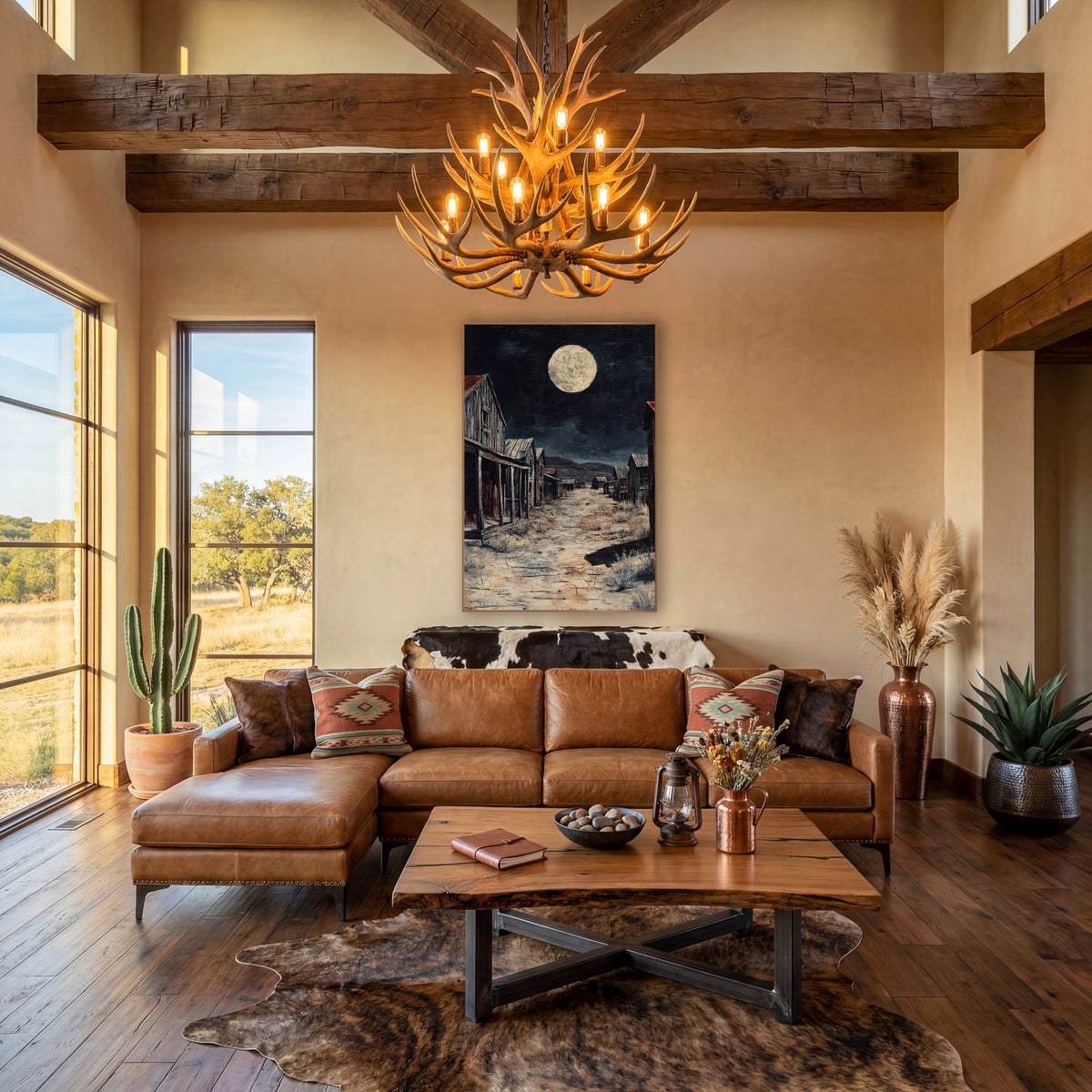 Cream Moon Red Roof Rustic Painting wall art in a rustic western-style room – empty western town street at night