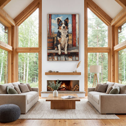 Ranch Porch Shepherd Dog Western wall art in a rustic western-style room – australian shepherd sitting on a weathered