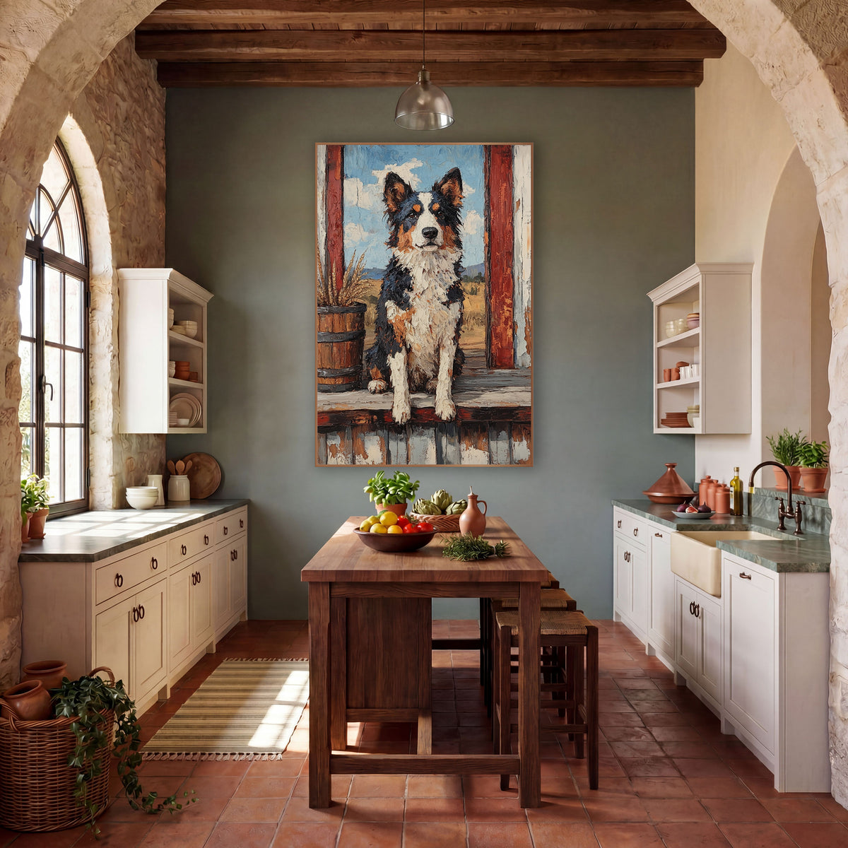 Ranch Porch Shepherd Dog Western wall art in a rustic western-style room – australian shepherd sitting on a weathered