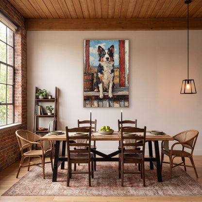 Ranch Porch Shepherd Dog Western wall art in a rustic western-style room – australian shepherd sitting on a weathered