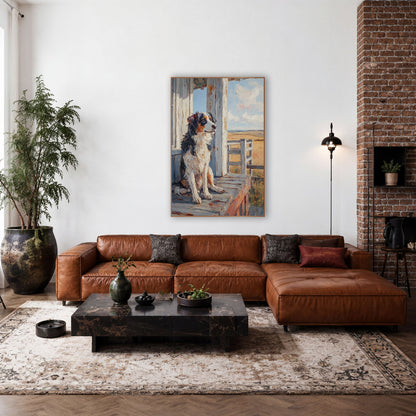 Shepherd Dog Porch Western Heritage wall art in a rustic western-style room – tricolor Australian Shepherd seated