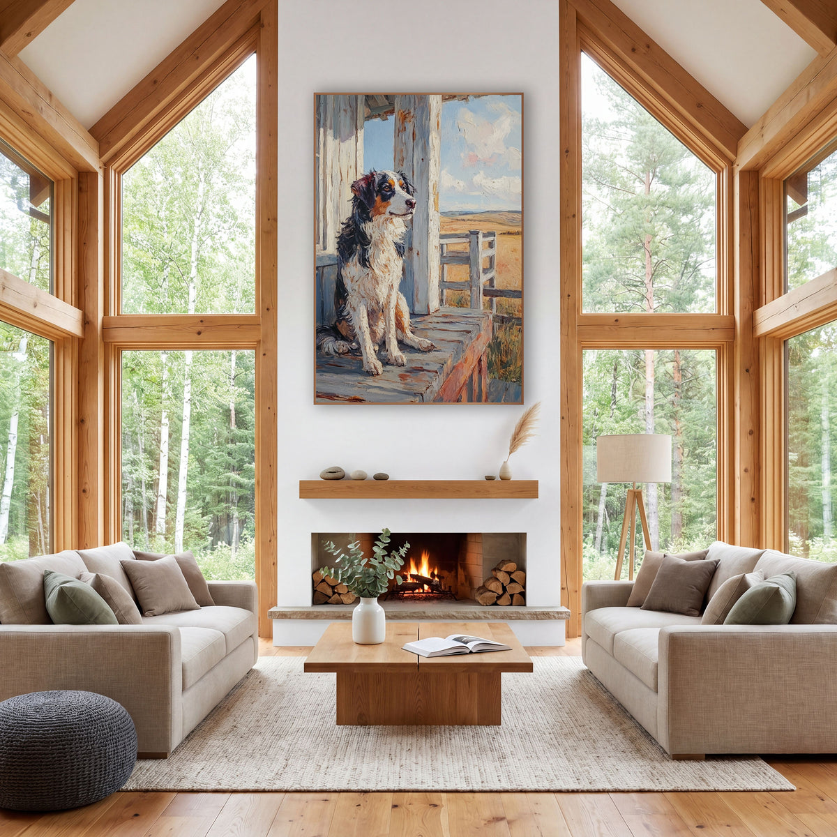 Shepherd Dog Porch Western Heritage wall art in a rustic western-style room – tricolor Australian Shepherd seated