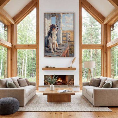 Shepherd Dog Porch Western Heritage wall art in a rustic western-style room – tricolor Australian Shepherd seated