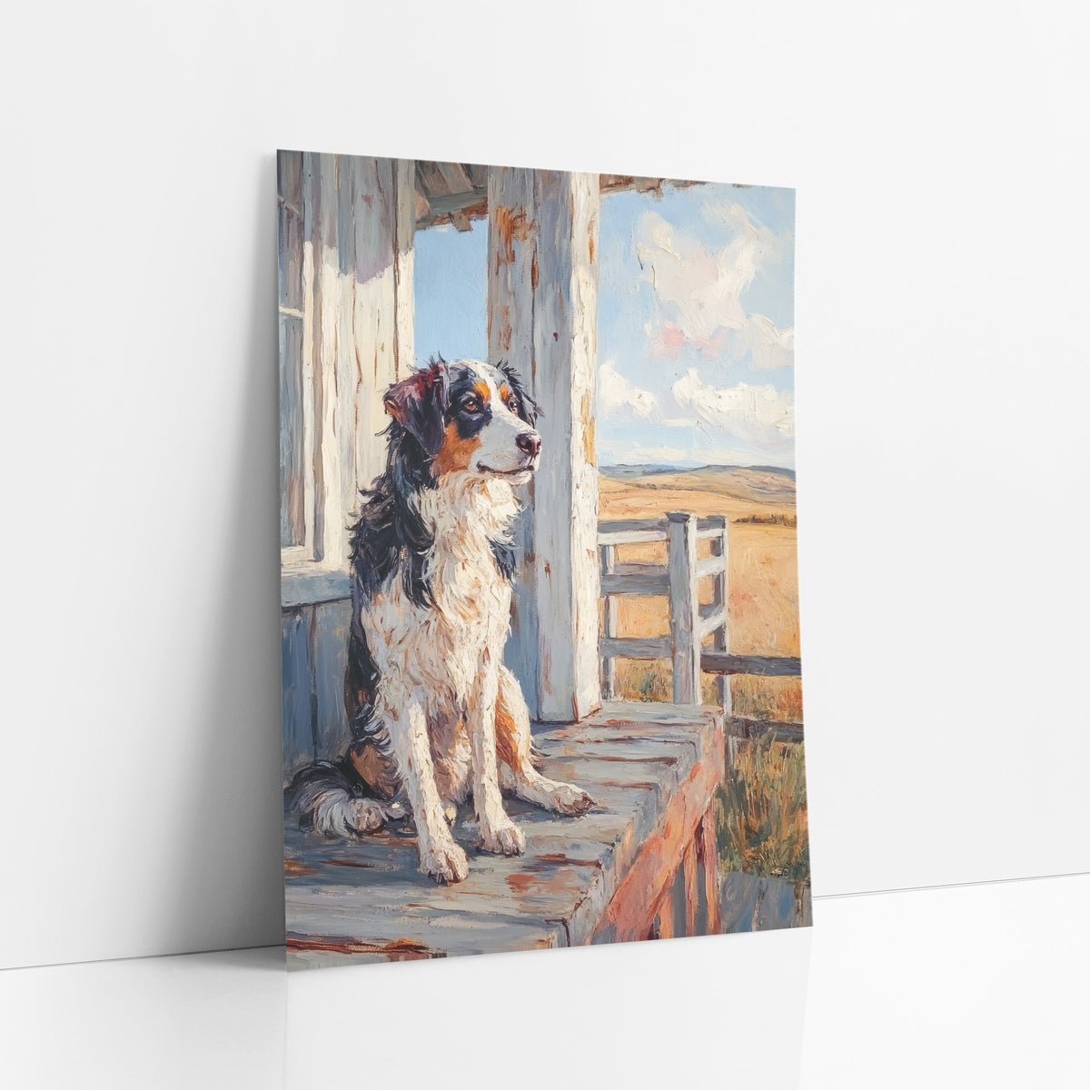 Shepherd Dog Porch Western Heritage art print leaning against a white wall – tricolor Australian Shepherd seated