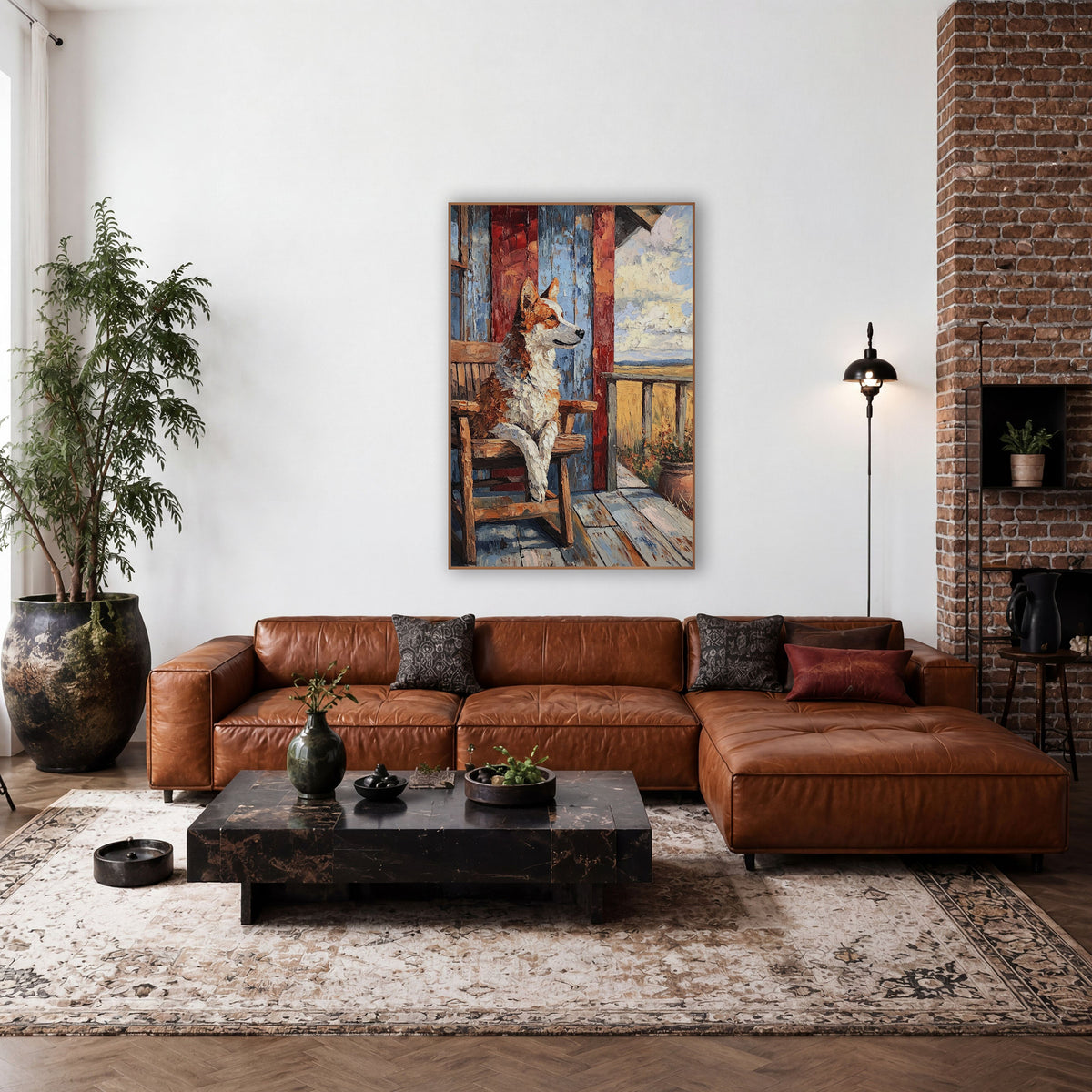 Porch Dog Rocking Chair Western wall art in a rustic western-style room – brown and white dog sitting in a wooden