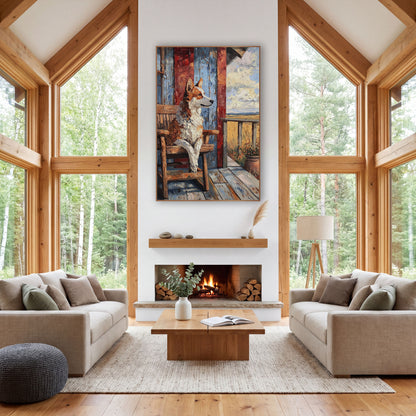 Porch Dog Rocking Chair Western wall art in a rustic western-style room – brown and white dog sitting in a wooden