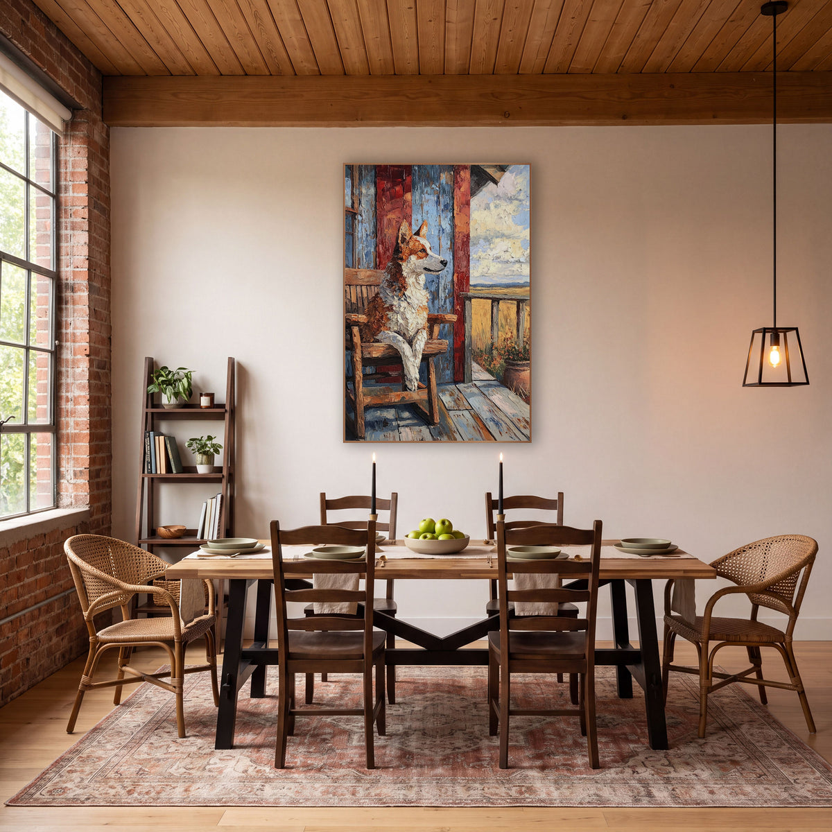 Porch Dog Rocking Chair Western wall art in a rustic western-style room – brown and white dog sitting in a wooden