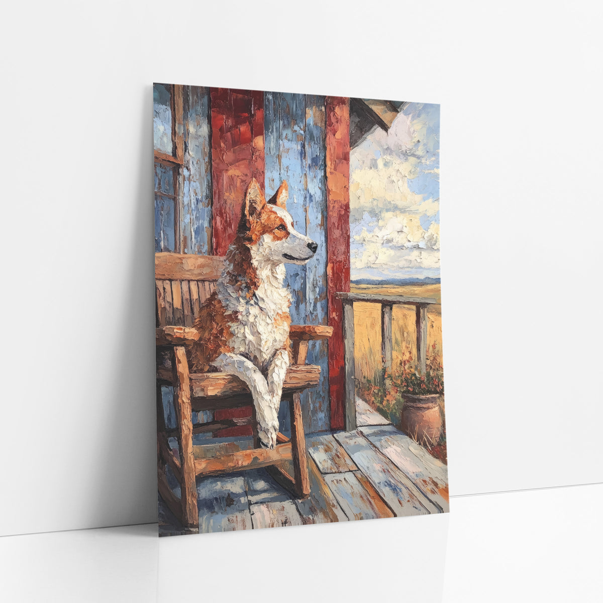 Porch Dog Rocking Chair Western art print leaning against a white wall – brown and white dog sitting in a wooden rocking