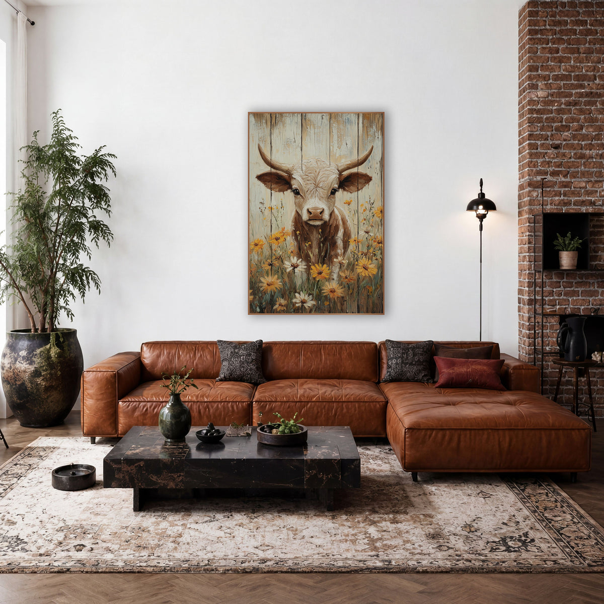 Longhorn Calf Wildflower Western Farmhouse wall art in a rustic western-style room – young longhorn calf with curved