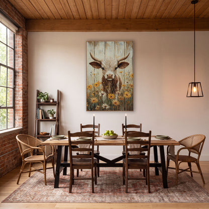 Longhorn Calf Wildflower Western Farmhouse wall art in a rustic western-style room – young longhorn calf with curved