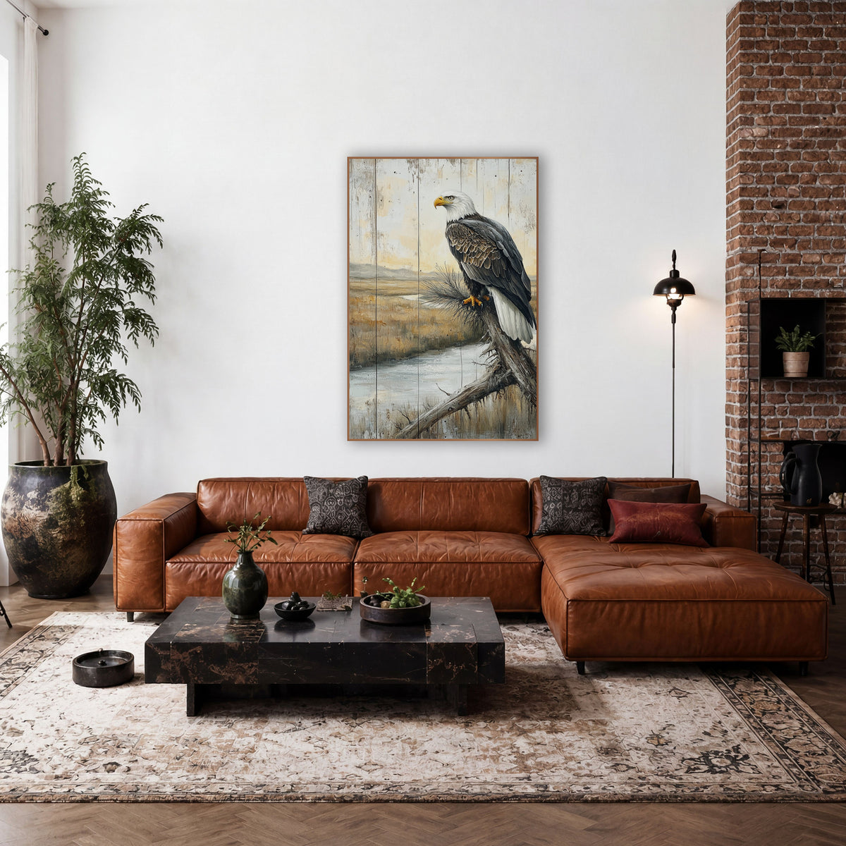 Eagle Plank Marsh Rustic wall art in a rustic western-style room – bald eagle perched on a bare branch above a winding