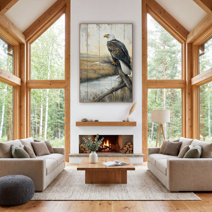 Eagle Plank Marsh Rustic wall art in a rustic western-style room – bald eagle perched on a bare branch above a winding