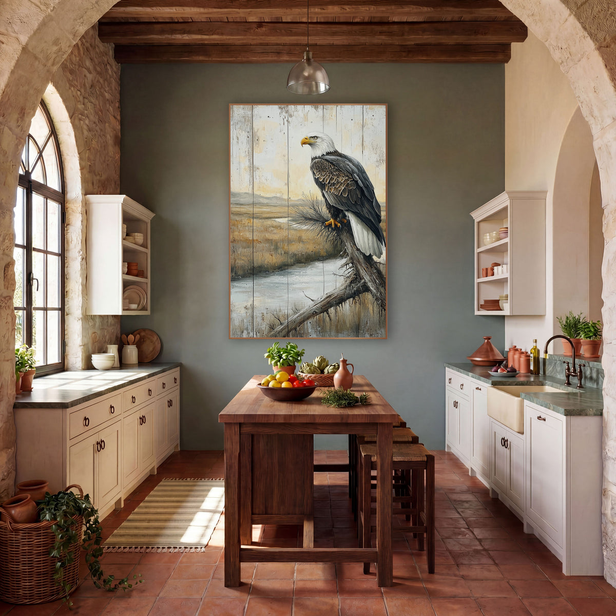 Eagle Plank Marsh Rustic wall art in a rustic western-style room – bald eagle perched on a bare branch above a winding