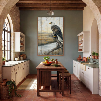 Eagle Plank Marsh Rustic wall art in a rustic western-style room – bald eagle perched on a bare branch above a winding