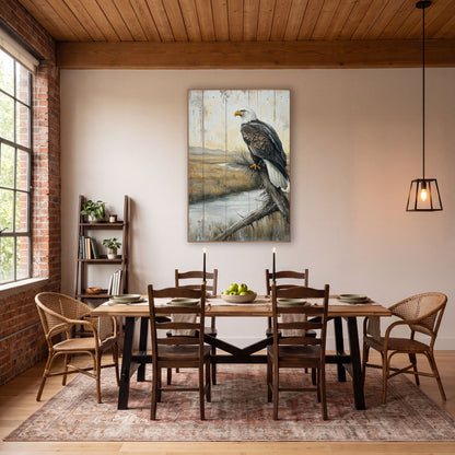Eagle Plank Marsh Rustic wall art in a rustic western-style room – bald eagle perched on a bare branch above a winding