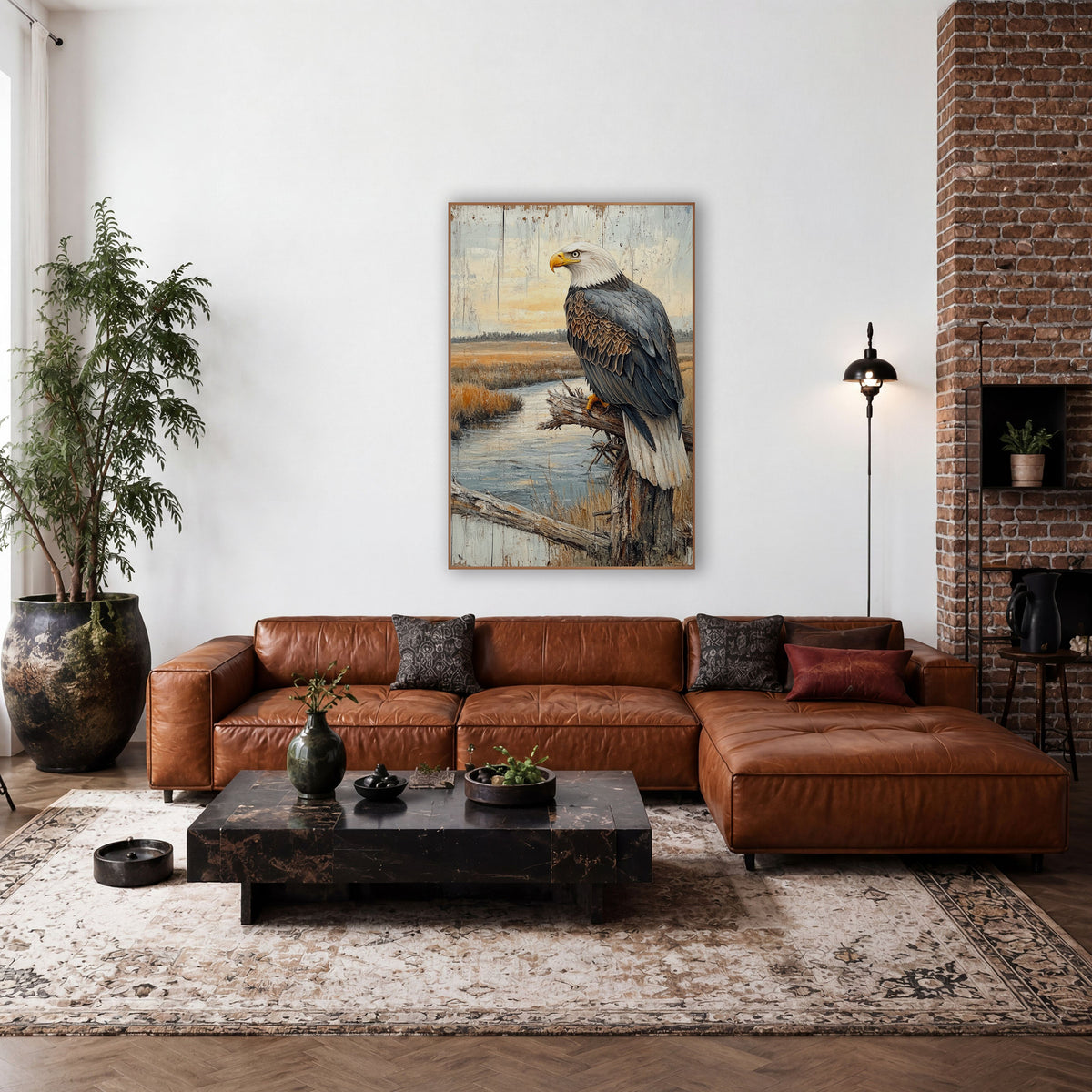 Perched Bald Eagle Marsh Rustic wall art in a rustic western-style room – bald eagle perched on a bare gray branch