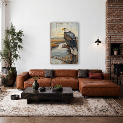 Perched Bald Eagle Marsh Rustic wall art in a rustic western-style room – bald eagle perched on a bare gray branch
