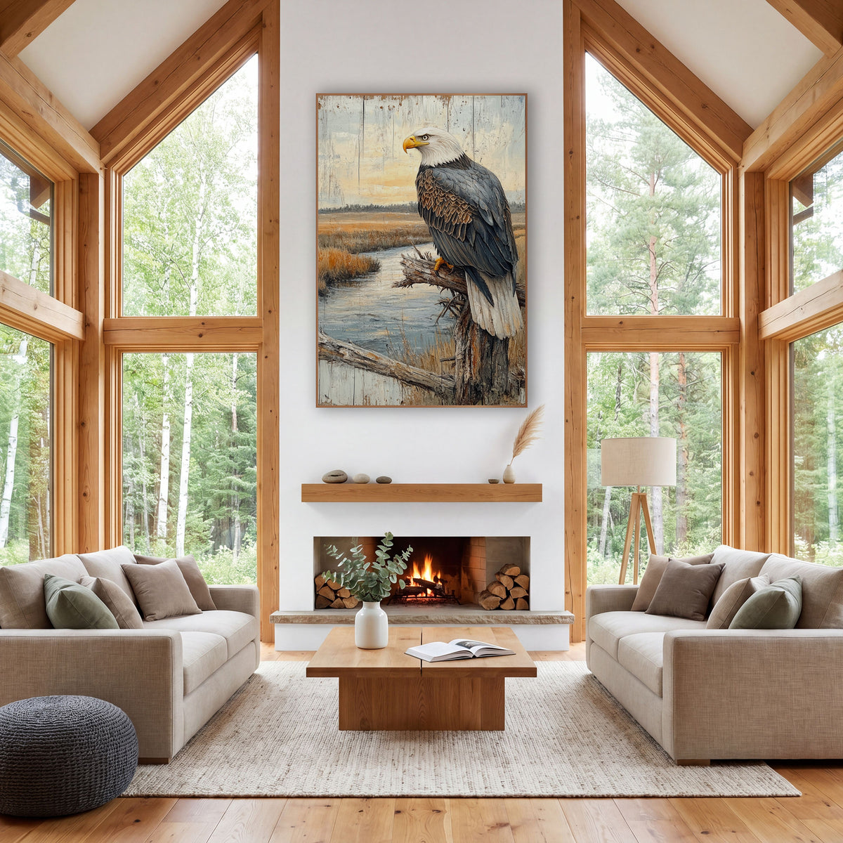 Perched Bald Eagle Marsh Rustic wall art in a rustic western-style room – bald eagle perched on a bare gray branch