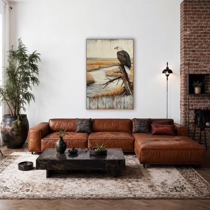 Perched Bald Eagle Rustic Lodge wall art in a rustic western-style room – bald eagle perched on a bare branch above
