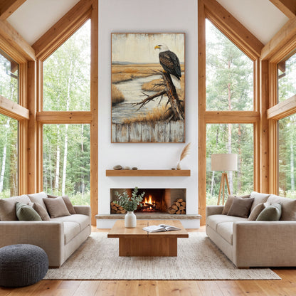 Perched Bald Eagle Rustic Lodge wall art in a rustic western-style room – bald eagle perched on a bare branch above