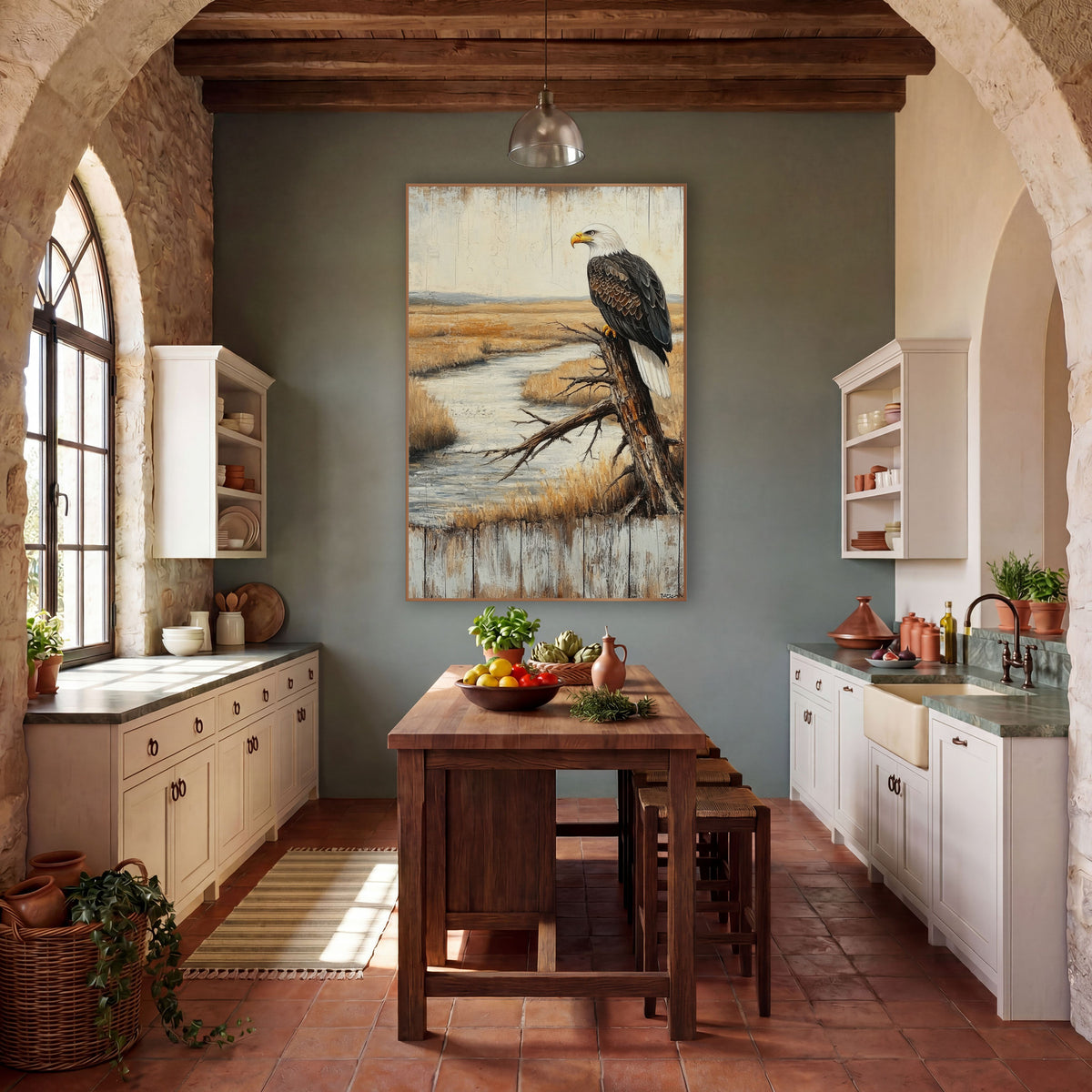 Perched Bald Eagle Rustic Lodge wall art in a rustic western-style room – bald eagle perched on a bare branch above