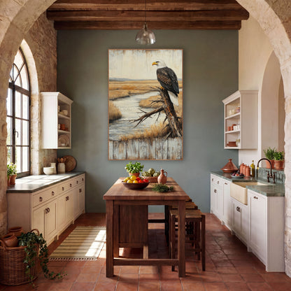 Perched Bald Eagle Rustic Lodge wall art in a rustic western-style room – bald eagle perched on a bare branch above
