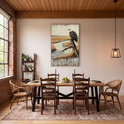 Perched Bald Eagle Rustic Lodge wall art in a rustic western-style room – bald eagle perched on a bare branch above
