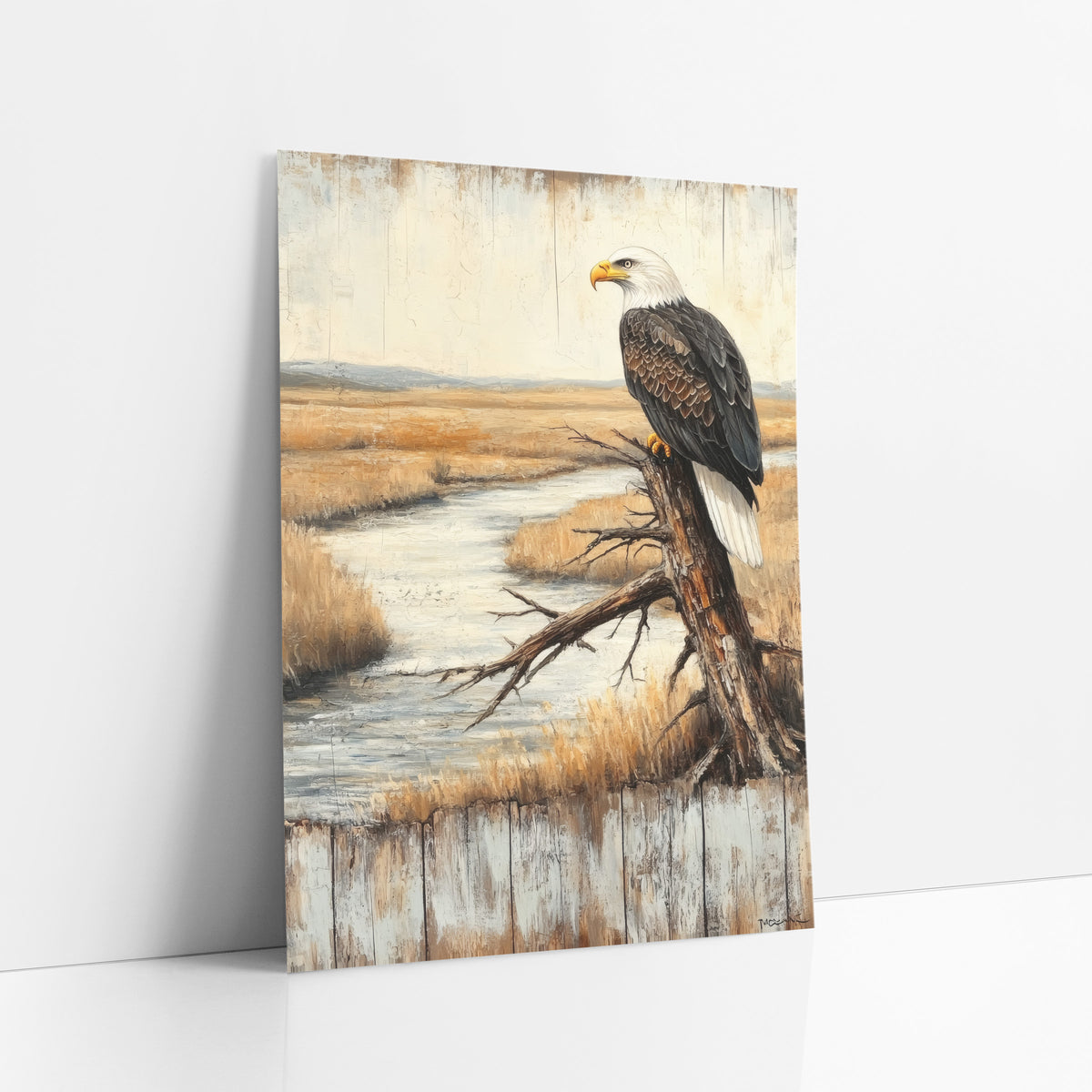 Perched Bald Eagle Rustic Lodge art print leaning against a white wall – bald eagle perched on a bare branch above a winding