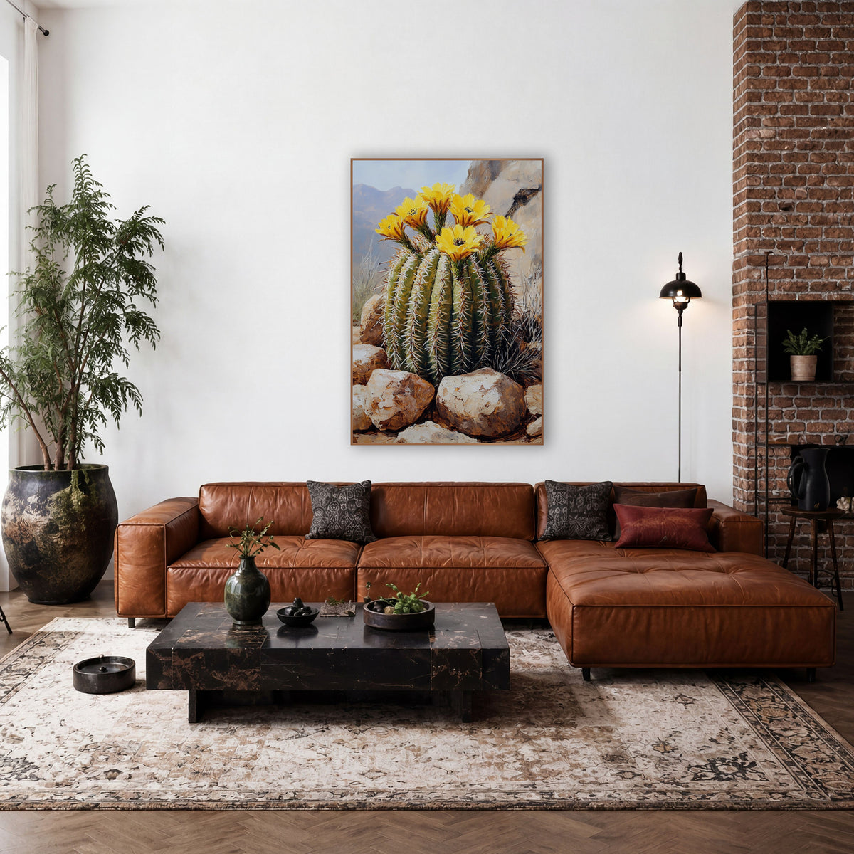 Crowned Barrel Cactus Mountain Haze Realism wall art in a rustic western-style room – green barrel cactus with long