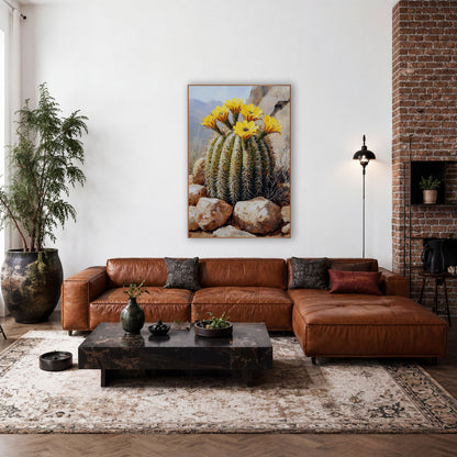 Crowned Barrel Cactus Mountain Haze Realism wall art in a rustic western-style room – green barrel cactus with long
