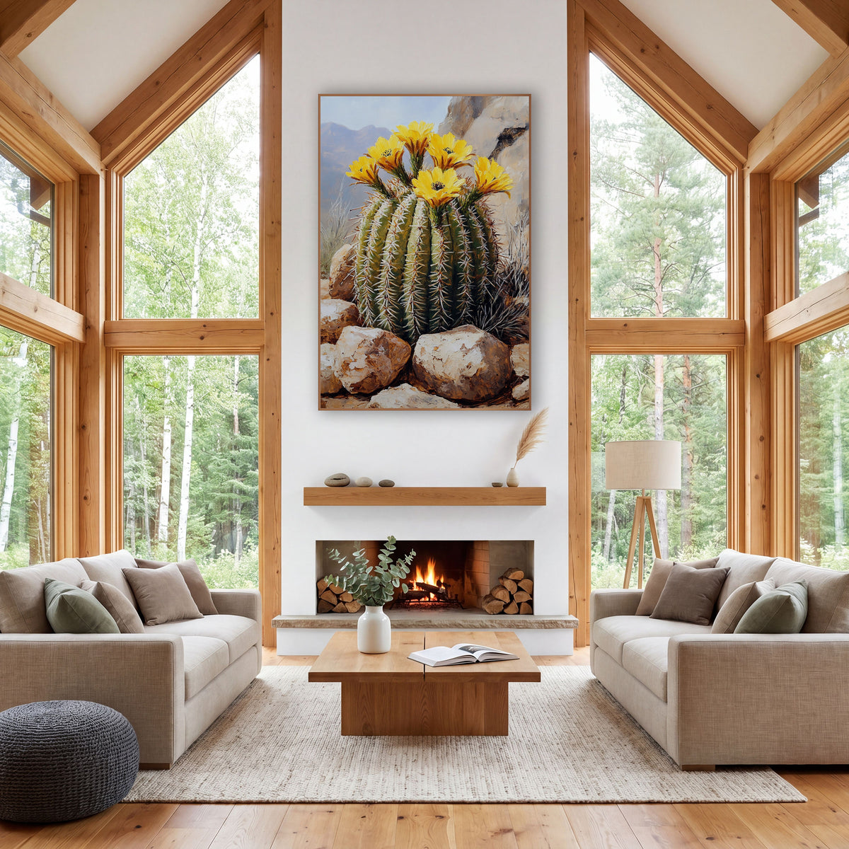Crowned Barrel Cactus Mountain Haze Realism wall art in a rustic western-style room – green barrel cactus with long