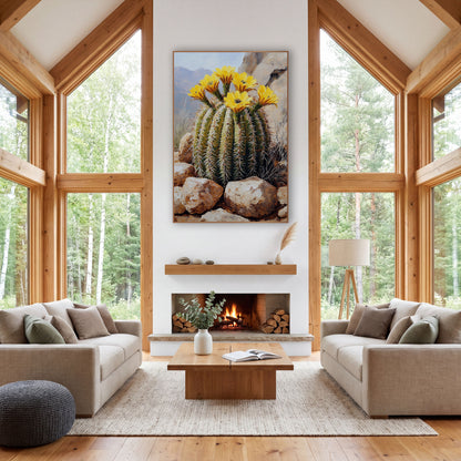Crowned Barrel Cactus Mountain Haze Realism wall art in a rustic western-style room – green barrel cactus with long