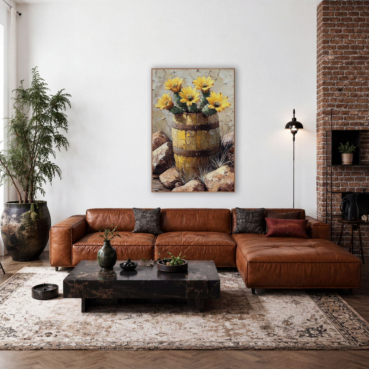 Yellow Cactus Blooms Barrel Western wall art in a rustic western-style room – yellow cactus flowers blooming