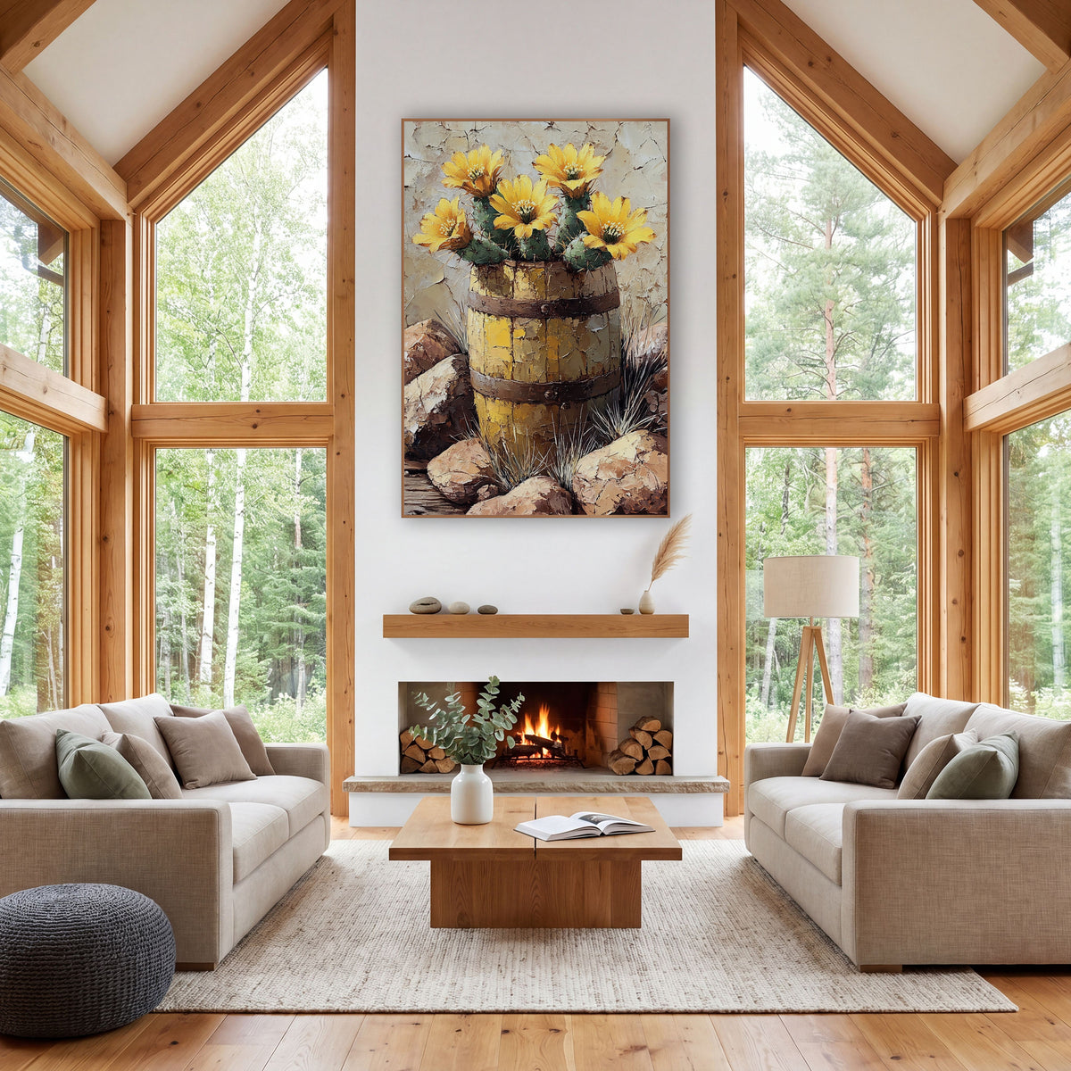 Yellow Cactus Blooms Barrel Western wall art in a rustic western-style room – yellow cactus flowers blooming