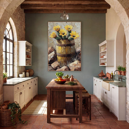 Yellow Cactus Blooms Barrel Western wall art in a rustic western-style room – yellow cactus flowers blooming