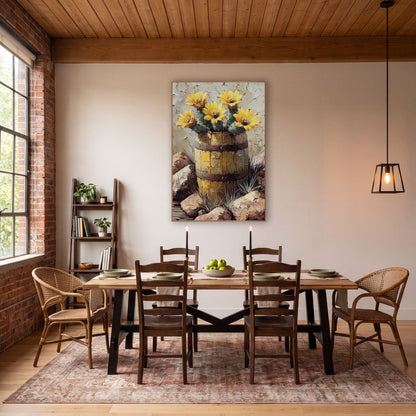 Yellow Cactus Blooms Barrel Western wall art in a rustic western-style room – yellow cactus flowers blooming