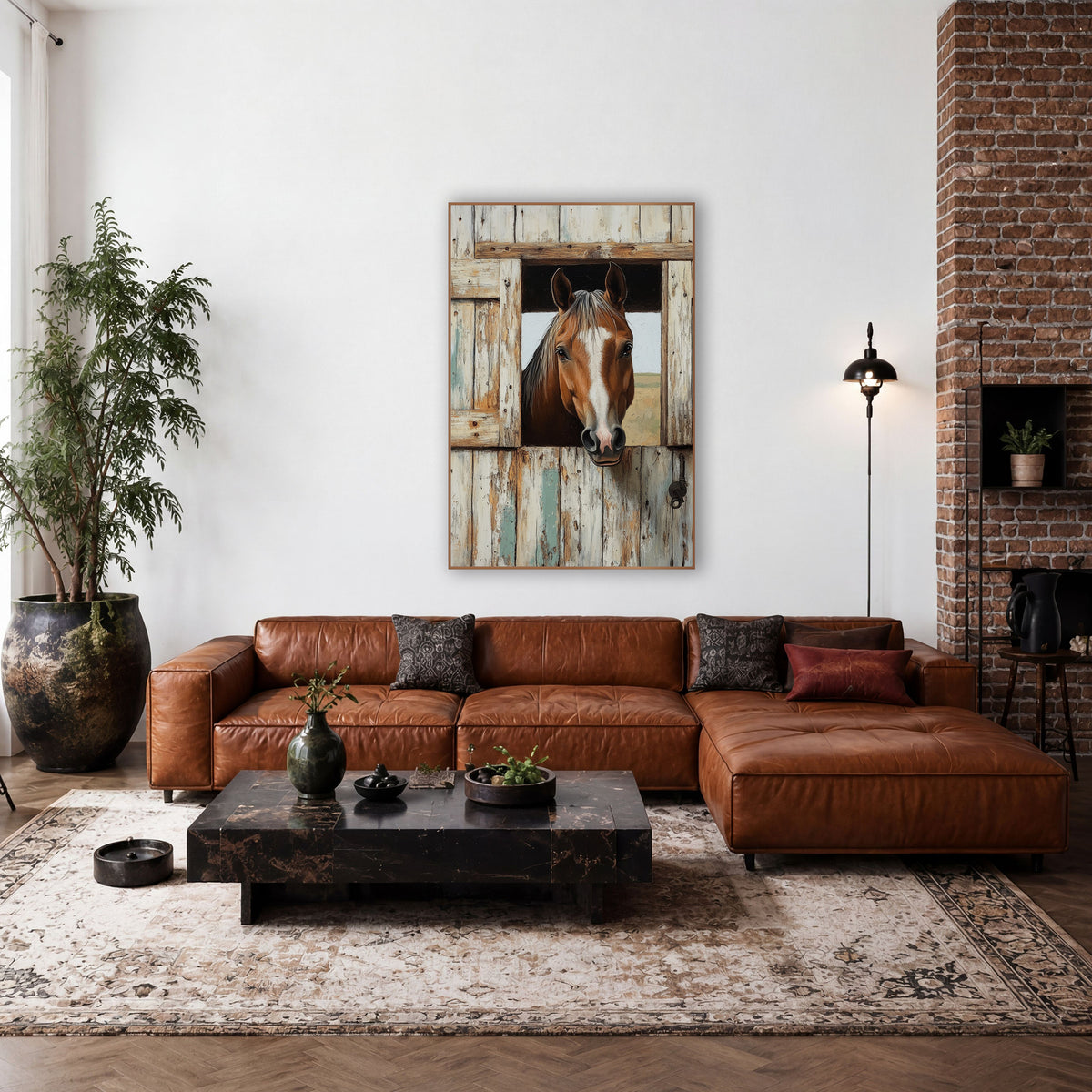 Curious Bay Horse Stable Door Western wall art in a rustic western-style room – bay horse with a white blaze looking