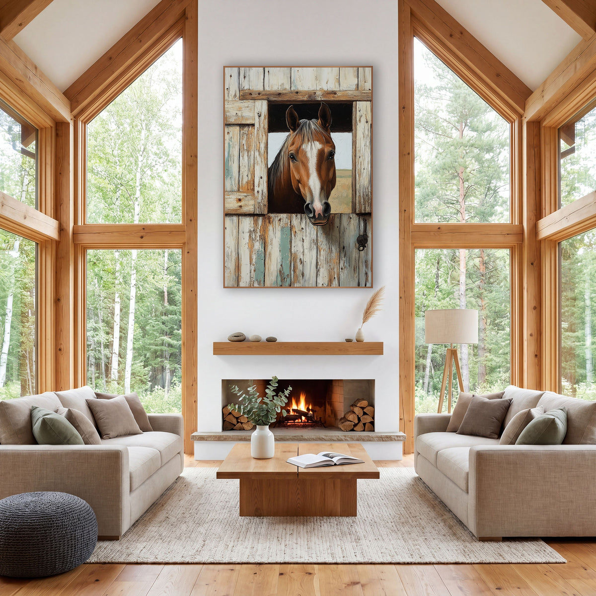 Curious Bay Horse Stable Door Western wall art in a rustic western-style room – bay horse with a white blaze looking