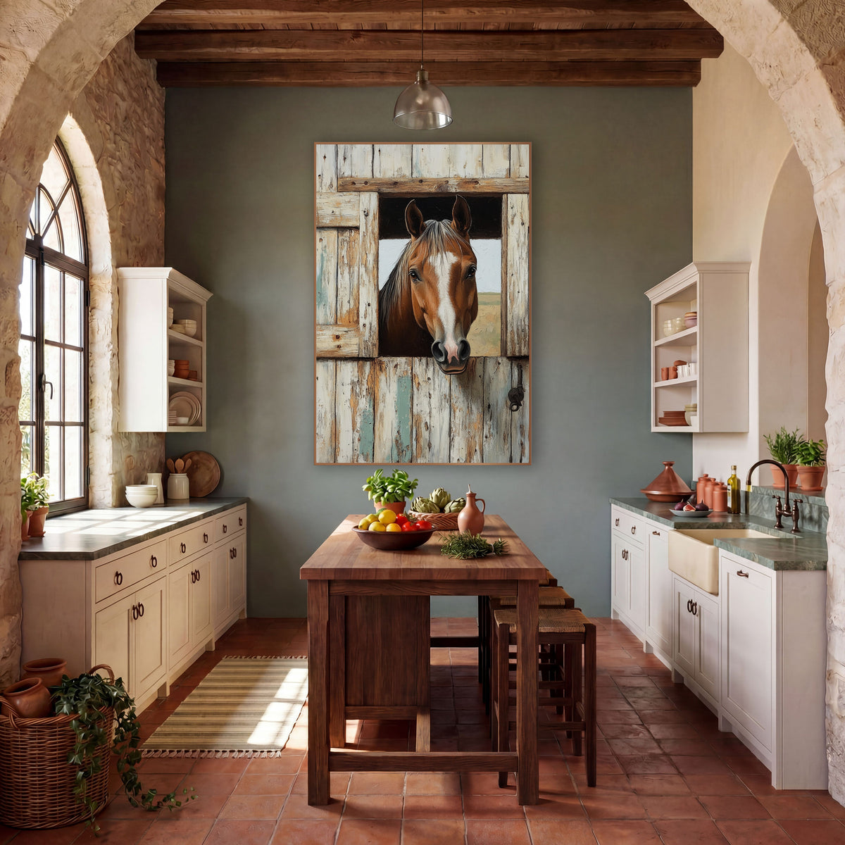 Curious Bay Horse Stable Door Western wall art in a rustic western-style room – bay horse with a white blaze looking