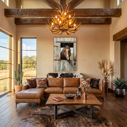 Curious Bay Horse Stable Door Western wall art in a rustic western-style room – bay horse with a white blaze looking